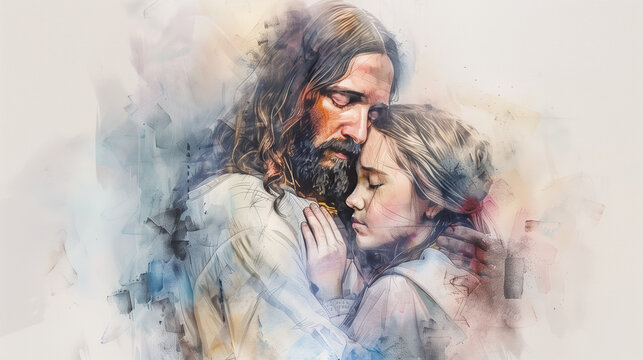 Artistic Portrait of Jesus Embracing a Young Girl in Watercolor Style
