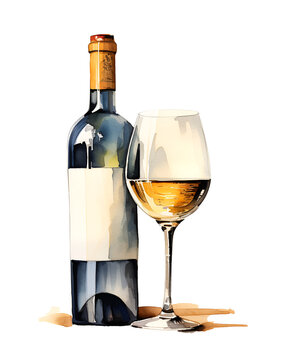recommend clip art: Bottle and glass of white wine, watercolor clipart illustration with isolated background.