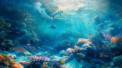 Obraz premium Underwater animal swimming in deep blue sea tropical reef beauty.