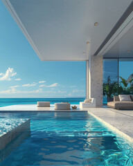 An interior view of a living room with a house pool next to the ocean, inspired by tropical architecture. The frontal view features a bright and airy atmosphere.