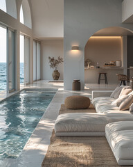 An interior view of a living room with a house pool next to the ocean, inspired by tropical architecture. The frontal view features a bright and airy atmosphere.