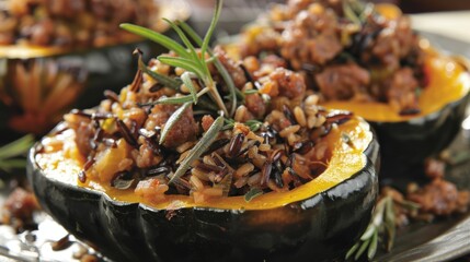 Acorn squash stuffed with a savory wild rice and sausage mixture is a hearty and flavorful vegetarian option.