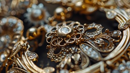 Close-up of ornate gold jewelry with diamonds.