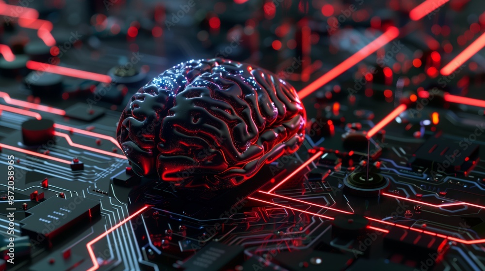 Poster A 3D rendering of a digital brain resting on a circuit board with glowing red lines. The brain is illuminated with blue light, showcasing its intricate neural network.