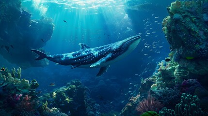 Underwater animal swimming in deep blue sea tropical reef beauty.