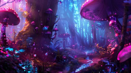 Enchanting Fantasy Landscape with Whimsical Mushrooms and Mystical Light - Magical Forest Background Wallpaper