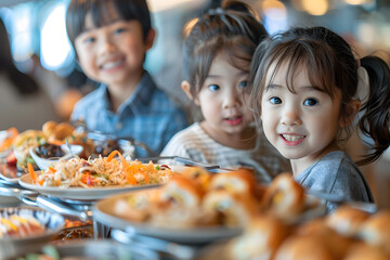 Three happy children enjoying delicious food at a buffet, smiling and posing with various dishes around them in a lively setting.