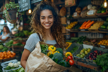 Obraz premium Smiling woman holding a paper bag filled with fresh vegetables at a vibrant farmer's market, surrounded by colorful produce and greenery.