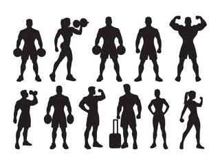  Bodybuilder fitness and gym silhouettes set on a white background.