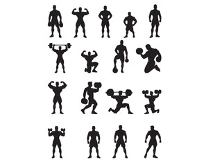 Bodybuilder fitness and gym silhouettes set on a white background.