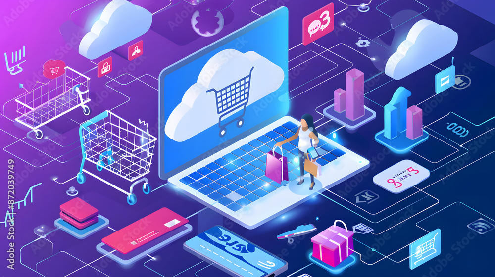 Poster cloud computing for e-commerce, the use of cloud computing in e-commerce with an image showing onlin