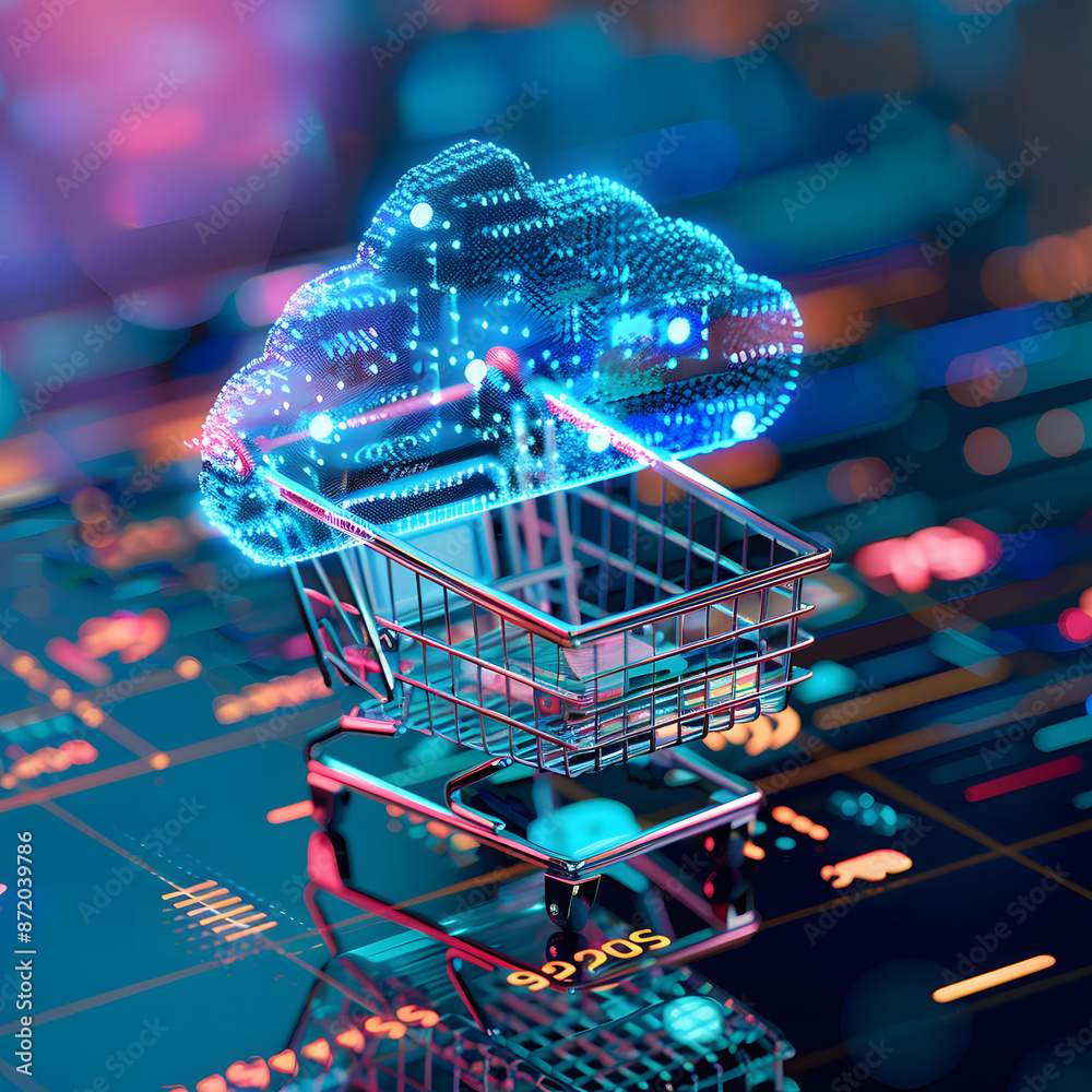 Fototapete cloud computing for e-commerce, the use of cloud computing in e-commerce with an image showing onlin
