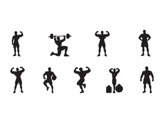  Bodybuilder fitness and gym silhouettes set on a white background.