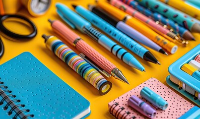 colorful school essentials a lively mix of school items like notebooks pens, scissors on a bright yellow background perfect for education related themes or back to school promotions.stock photo