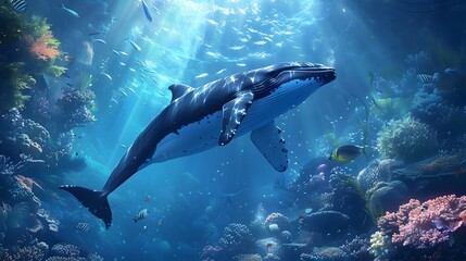 Fototapeta premium Underwater animal swimming in deep blue sea tropical reef beauty.