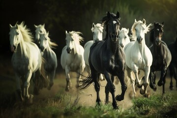 Fototapeta premium Couple black and white horses running through plowed field in stormy weather