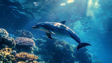 Fototapeta premium Underwater animal swimming in deep blue sea tropical reef beauty.
