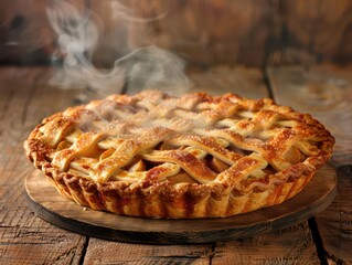 goldencrusted apple pie on rustic wooden table steam rises from lattice top cinnamon and sugardusted apples peek through soft natural lighting enhances homemade appeal