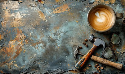 fatherrs day diy tools, coffee a thematic image perfect for fatherrs day promotions or articles the scene includes a hammer handsaw eyeglasses.stock image