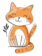 Obraz premium Children's cartoon drawing of a cute cat isolated on a white background.