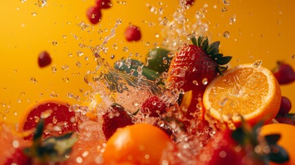 Refreshing splash of fruits with water droplets