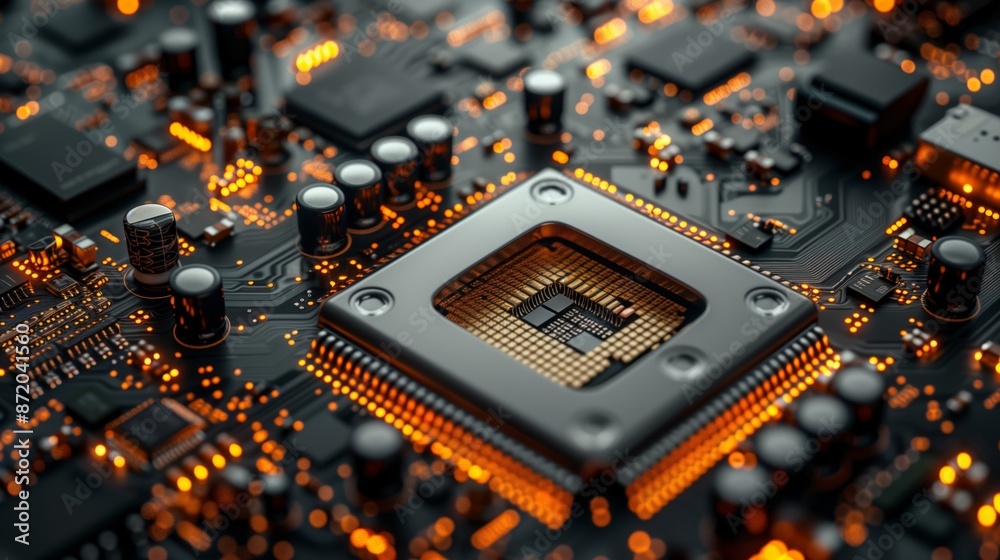 Poster A close-up shot of a computer chip on a circuit board. The chip is surrounded by other components and illuminated with orange lights.