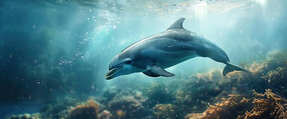 Fototapeta premium Dolphin Swimming Gracefully In The Clear Water,High Resolution, Ultra HD