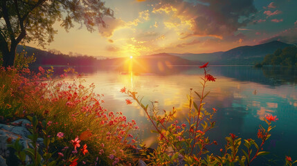 A beautifully realistic photograph of a serene natural landscape, embodying super healing qualities, stress reduction, soothing relaxation, and meditation. This tranquil scene offers a perfect backdro
