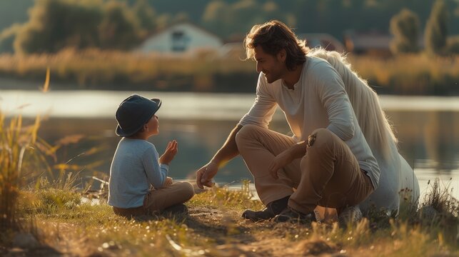Father and Son Sitting by a Lake at Sunset