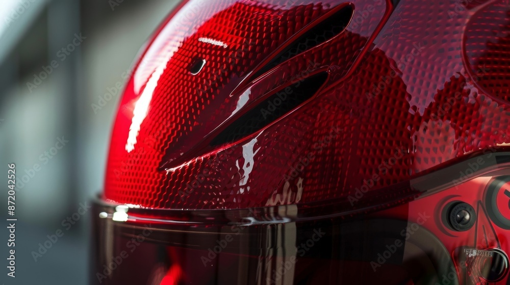 Wall mural a closeup of a bright red helmet with intricate mesh detailing on the front emphasizing both style a
