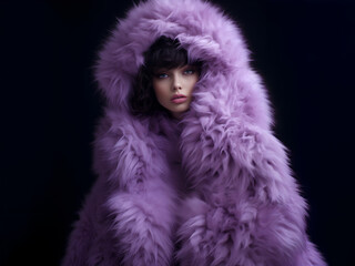 Fashion editorial Concept. Stunning beautiful woman in purple violet luxury fancy chic luxurious impeccable fur coat and dark hair. illuminated dynamic composition dramatic lighting. copy text space

