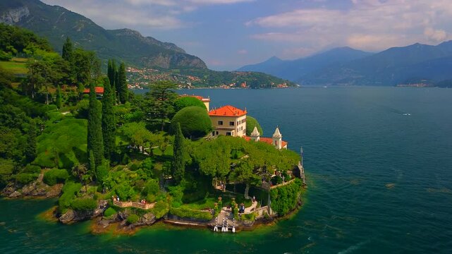 Aerial view of the luxury Villa Balbianello with terraced gardens, on the rocky wooded peninsula of Lavedo on Lake Como, panorama, picturesque residence. Green Planet. Nature. Lenno Italy 11.04.2025