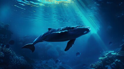 Fototapeta premium Underwater animal swimming in deep blue sea tropical reef beauty.