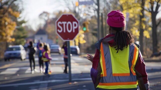 Careful Crossing Guard Holding Stop Sign Helping Children Safely Cross the Street