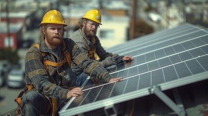 Two technicians focused on installing a large solar panel on a rooftop, demonstrating modern renewable energy solutions in an urban setting.