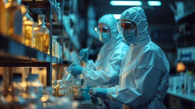 Two forensic scientists in protective gear meticulously examine evidence in a high-tech laboratory setting.