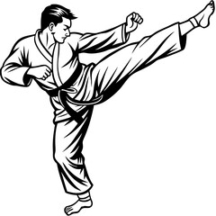 Fun vector illustration of a karate man in a kimono performing a kick, perfect for a sporty website or t-shirt design