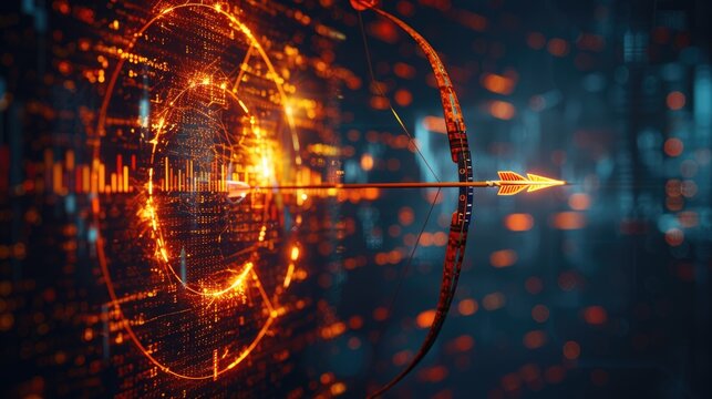 Visualization of business objectives depicted in a 3D format, featuring a circular arrangement of bow and arrow targets alongside an economic stock bar graph, illustrating corporate strategy and - Powered by Adobe