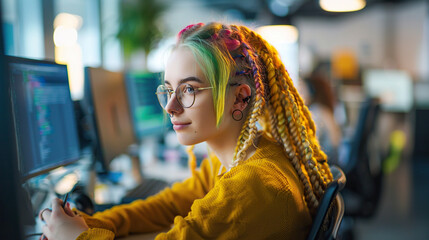 Fototapeta premium Stylish girl programmer with dreadlocks and piercings