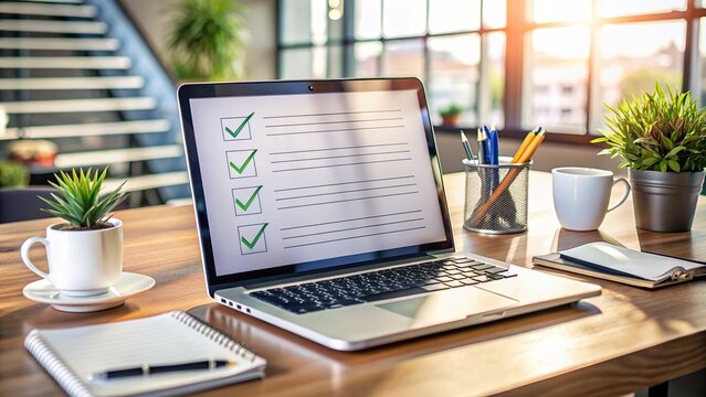 A laptop with an open digital checklist on the screen, surrounded by office supplies, demonstrating efficient task management and productivity in a corporate setting.