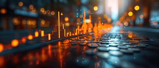 Fototapeta premium Conceptual visualization featuring a 3D line representing an arrow ascending to the right along the height of a bar graph, indicative of positive trends in business and stock market performance.