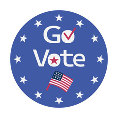 Go vote round sticker with USA flag and white stars on blue background. Vote icon, sticker, badge or sign. Voting, presidential campaign concept. American election vector design element