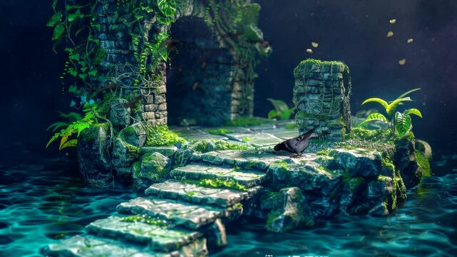 Enchanted Ruins stapes on cave  video animation background Seamless looping time-lapse 4k quality