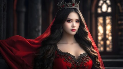portrait of a beautiful queen in a red dress