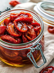 Glass jar filled with sun-dried tomatoes. View from above. Canning vegetables.