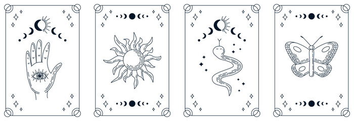 Tarot cards collection with outline line art magic elements on white background. Esoteric mystical deck with hand and eye, sun, snake and magic butterfly. Vector design template, boho style.