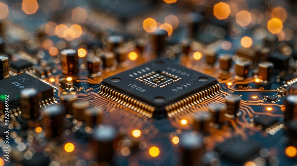 Poster A close-up image of a microchip on a circuit board, with glowing lights in the background.