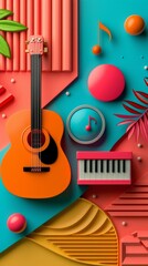 Obraz premium A vibrant, abstract composition featuring a guitar, piano, music notes and geometric shapes. Perfect for music and art themes.
