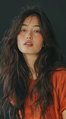 Fototapeta premium A striking portrait of a young Asian woman wearing an orange t-shirt, exuding natural beauty and contemporary style.