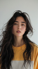 Fototapeta premium A striking portrait of a young Asian woman wearing an orange t-shirt, exuding natural beauty and contemporary style.